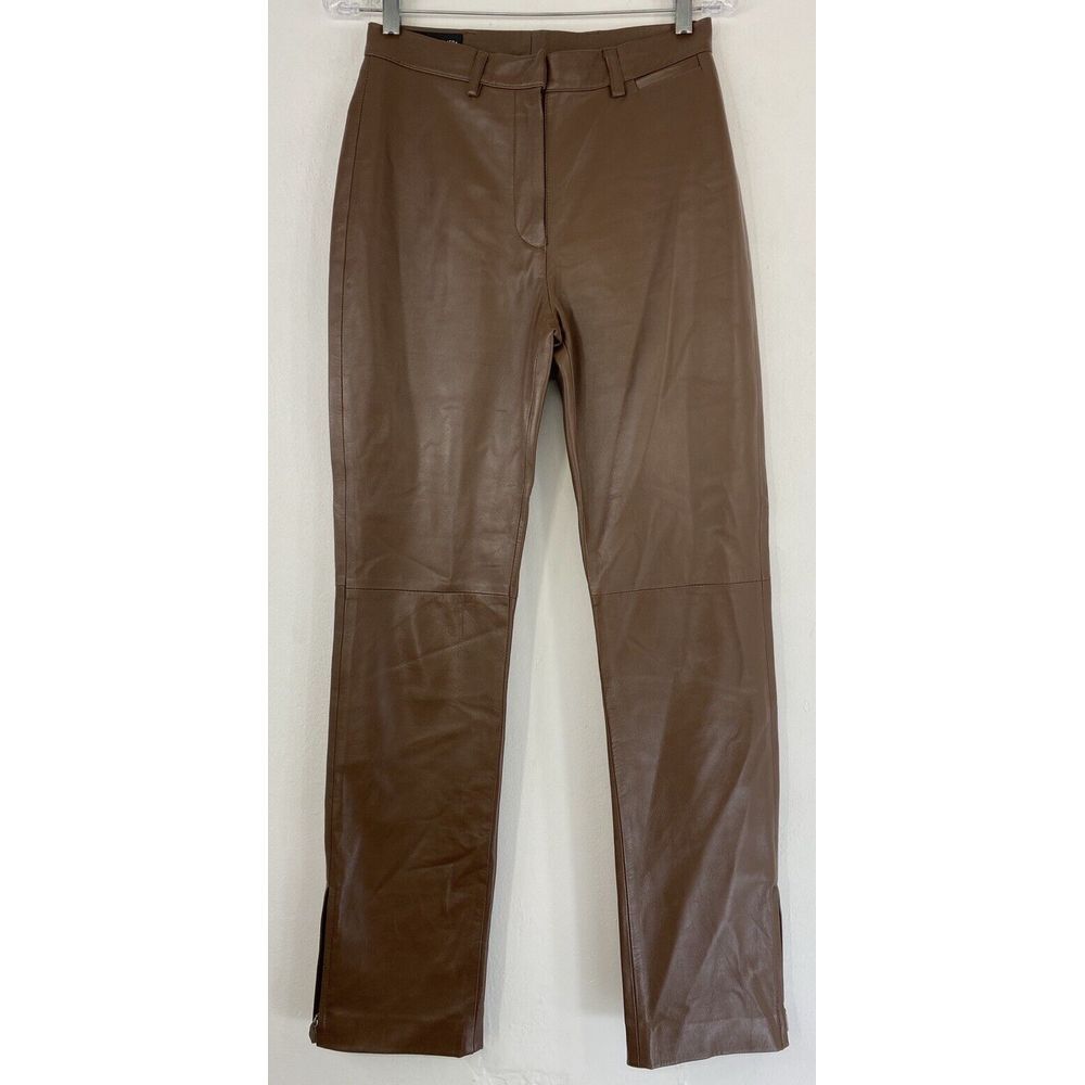 Donald J Pliner Leather Pants Woman's 4 Brown Zip Bottom Made In Italy (28x30.5)